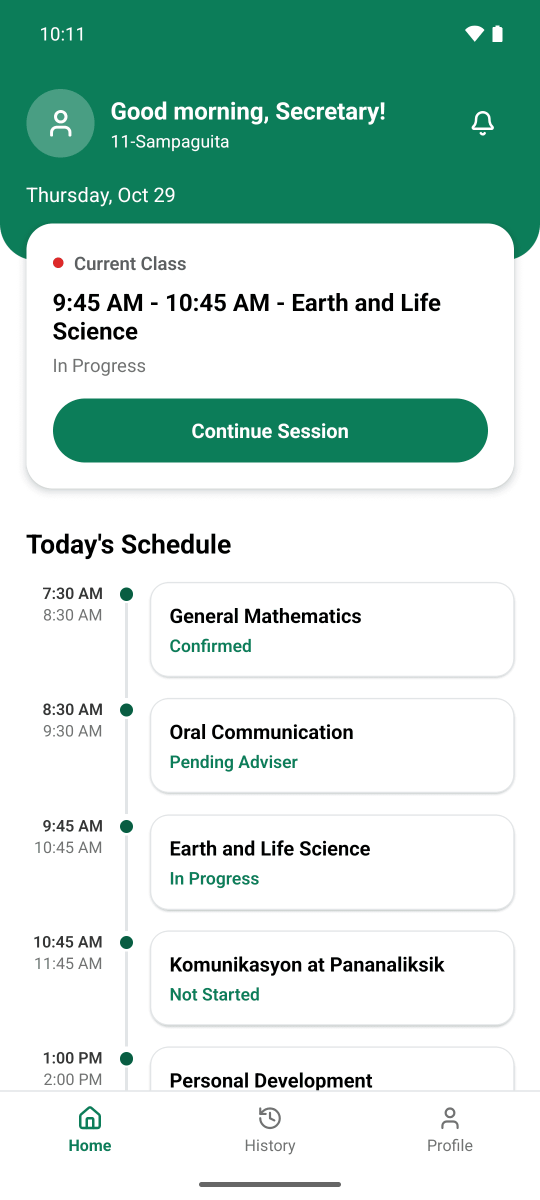 The secretary's home screen listing today's classes, with the current class in progress and earlier ones marked confirmed or pending adviser review.