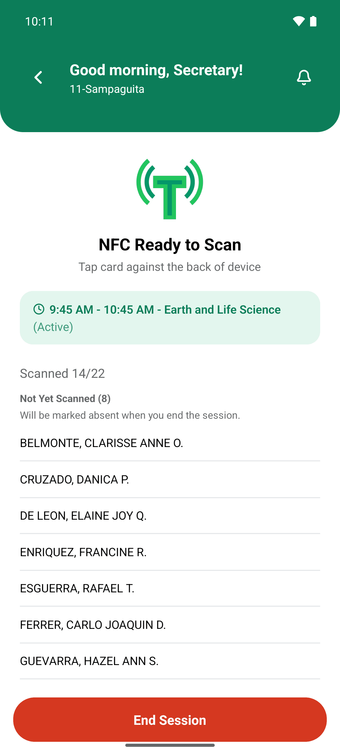 The scanning screen showing "NFC Ready to Scan" for Earth and Life Science, 14 of 22 learners scanned, and a list of learners not yet scanned.