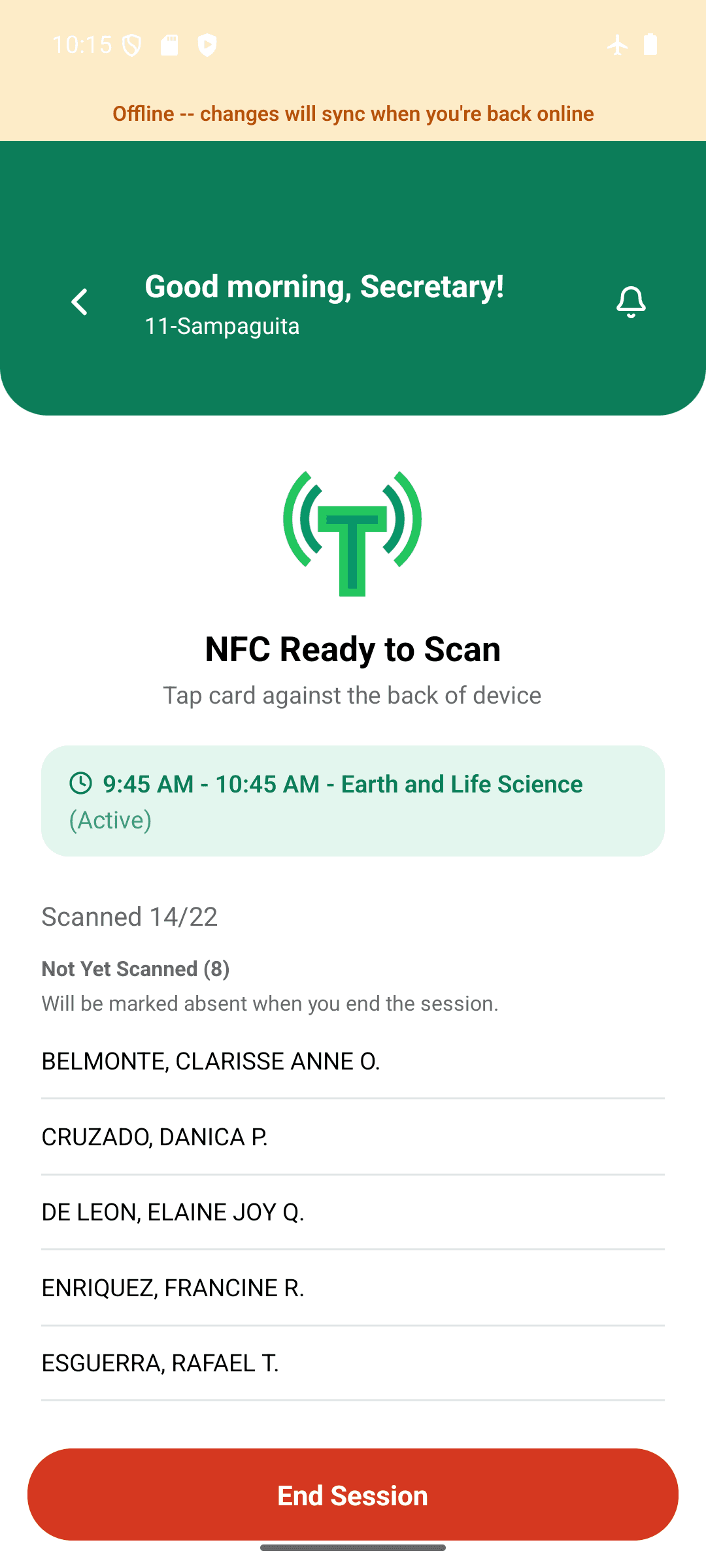 The scanning screen in airplane mode, with an amber banner saying the device is offline and changes will sync when it reconnects.