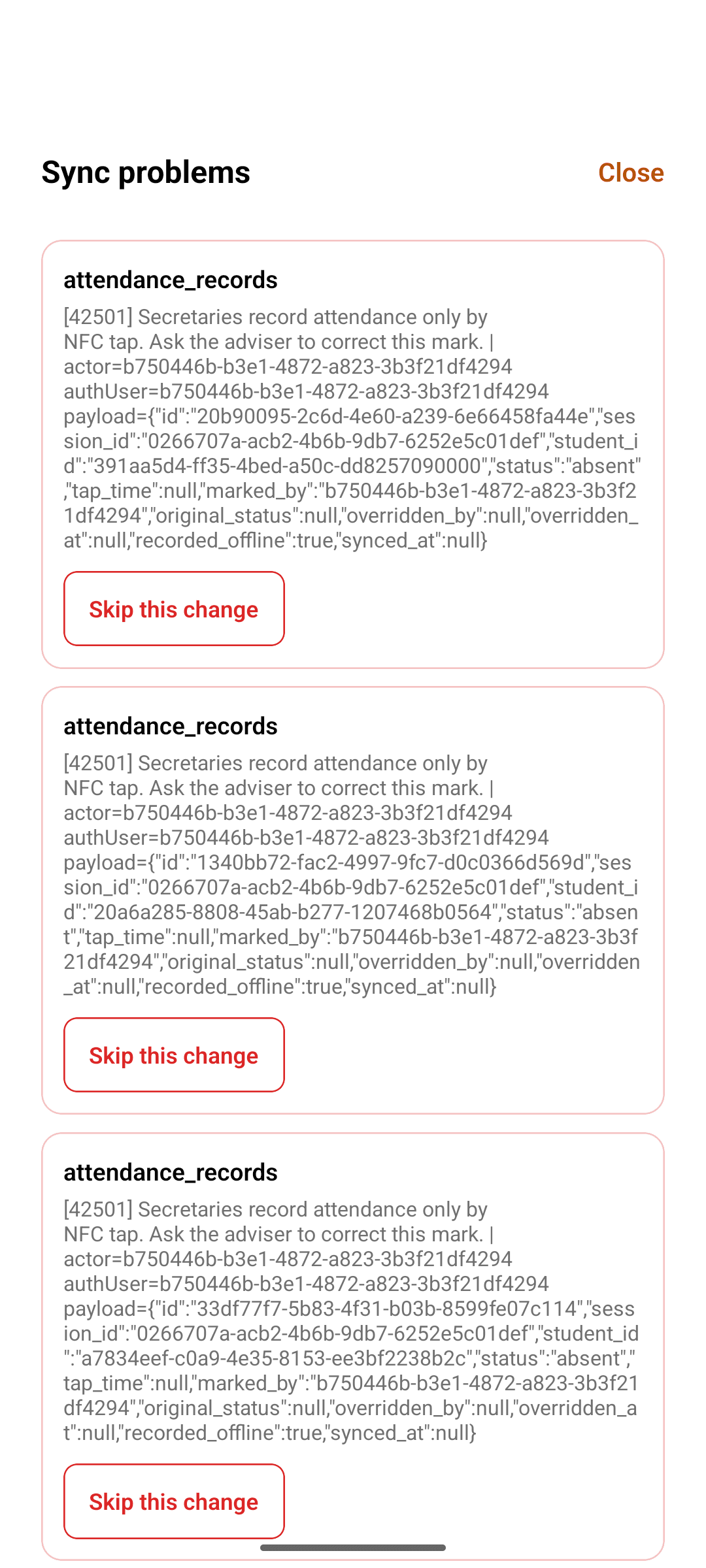 A Sync problems list showing attendance changes the server rejected, each with the error details and a Skip this change button.