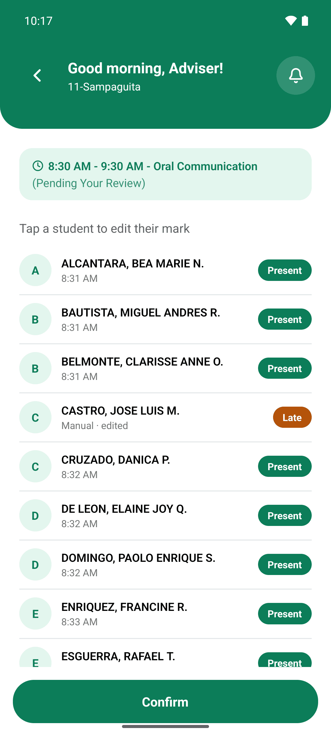 The adviser's session review with one learner's mark corrected to Late and labeled as edited, above a Confirm button.