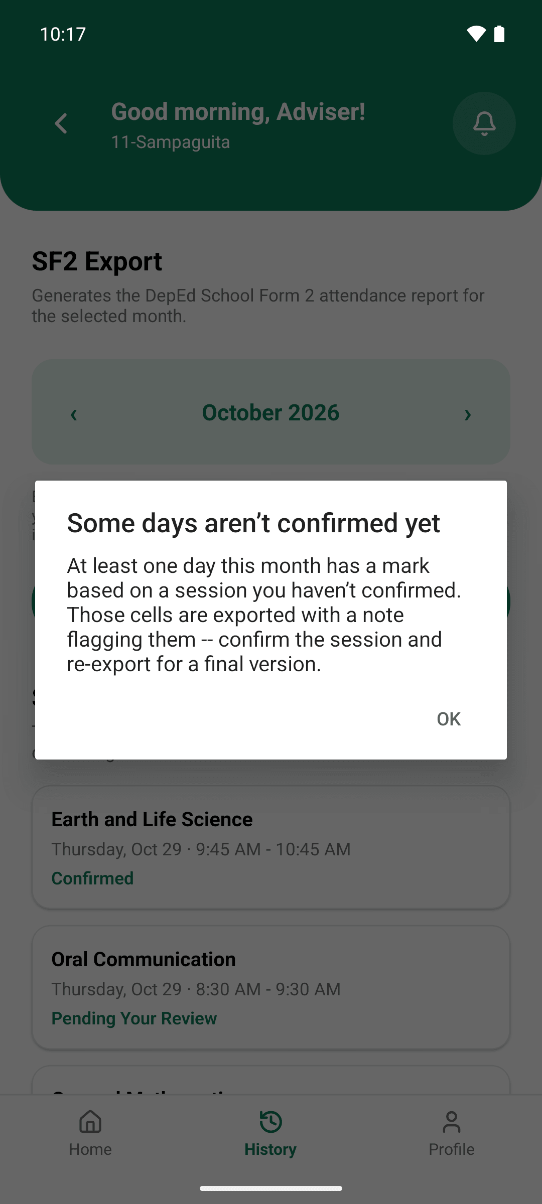 The SF2 Export screen for October 2026 with an alert explaining that some days aren't confirmed yet and will be flagged in the file.