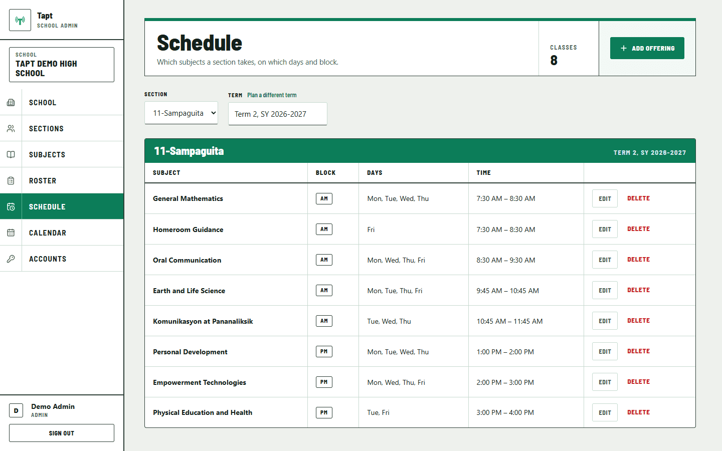 The admin Schedule page listing eight subjects for a section with their AM or PM block, weekdays and class times.