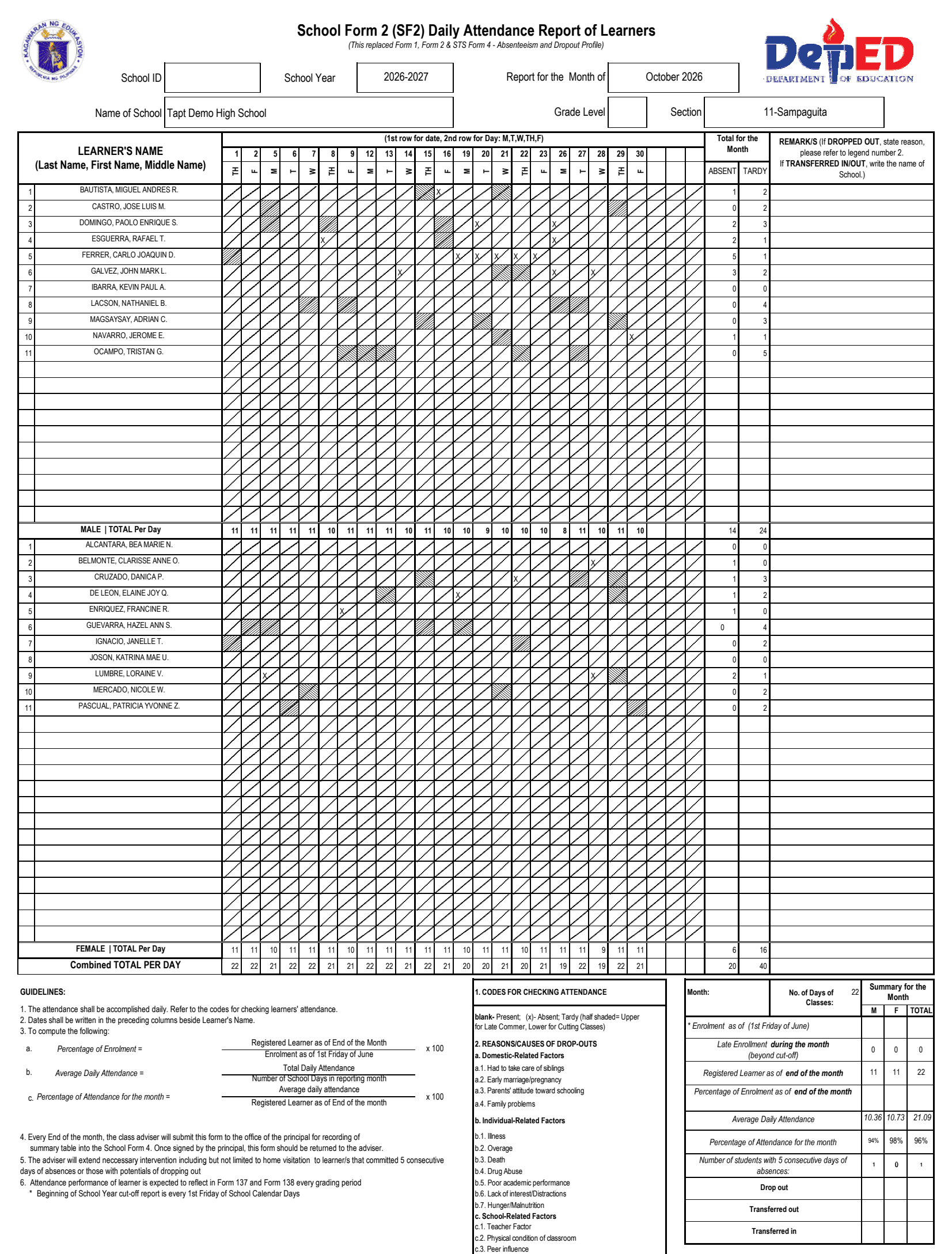 A filled DepEd School Form 2 for October 2026 with daily attendance columns, male and female learners grouped with daily totals, absences as X, tardies as shaded cells, and the monthly summary box.