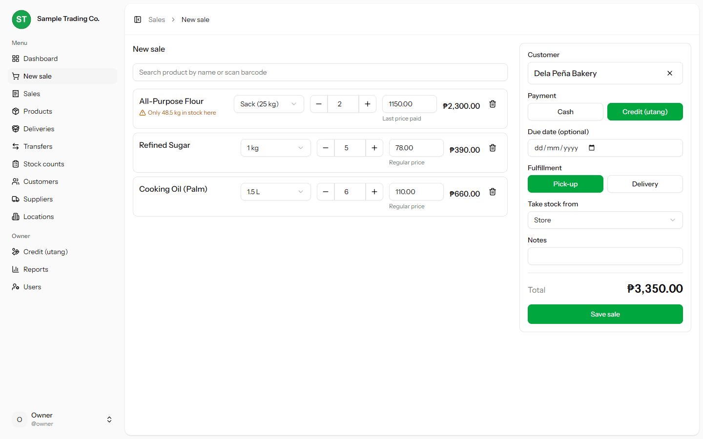 New sale screen with three items for a regular customer; the flour line shows a sack price of ₱1,150 labeled "Last price paid", and credit (utang) is selected.