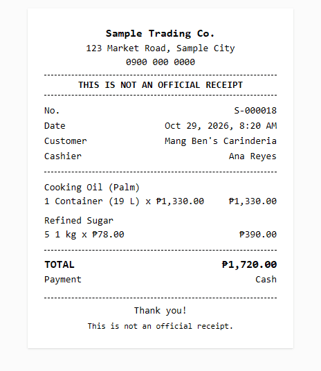 Printable receipt for a demo store with sale number, date, customer, cashier, two items, total and payment type, marked "This is not an official receipt".